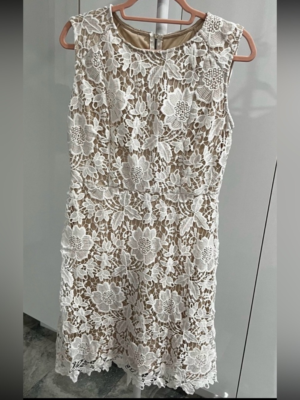 Elegant Ryan Michelle Ivory Floral Lace Dress Nude Lined Sleeveless Size L